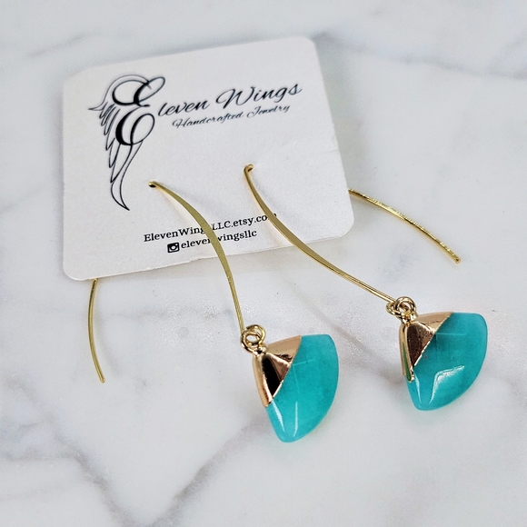 New Eleven Wings Aqua Amazonite Earrings Artisan Dangle Pierced Wire Dai… - Picture 2 of 9